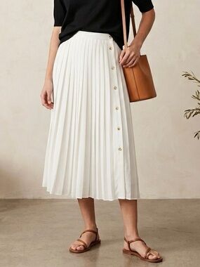 J. Crew White Pleated Midi Shirt with Gold Buttons